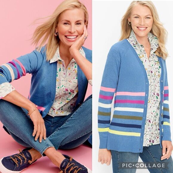 Talbots Girlfriend Cardigan Colorful Stripe Women’s Small Periwinkle Blue - Picture 1 of 11